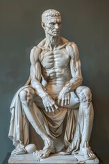 Classical sculpture of seated man with intricate muscular details and flowing fabric drapery, showcasing timeless artistic beauty.