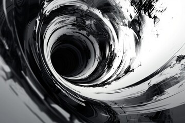 Abstract black and white vortex with dynamic horizontal trail, exuding fluidity and energy.