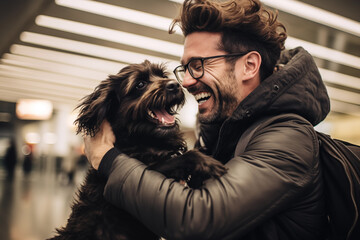 Man with glasses holding dog in airport. Generative AI