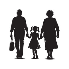 grandparents walking with granddaughter vector silhouette Illustration