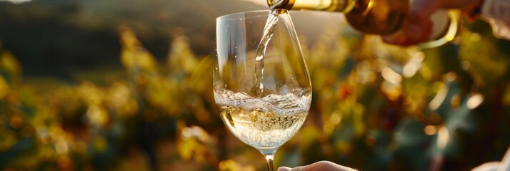 A close-up photo of a hand delicately pouring white wine into a crystal glass against a blurred vineyard background