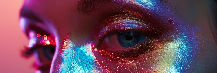 A close-up image of a models eye with holographic makeup, showcasing the shimmering iridescence in natural sunlight