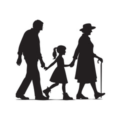grandparents walking with granddaughter vector silhouette Illustration