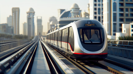 Naklejka premium An elevated train, a subway rides along the tracks, and behind it the cityscape softly blurs.