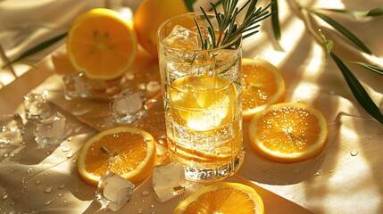 Refreshing citrus cocktail in a glass with ice and orange slices, garnished with rosemary, set against a sunny background with more orange slices.
