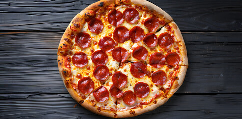 Pepperoni pizza with mozzarella cheese on black wooden table, top view