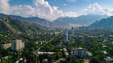 Fototapeta premium 03 August 2023 Almaty Kazakhstan The landscape of the city of Almaty from a height Aerial photography of the city Modern buildings old buildings and high mountains : Generative AI