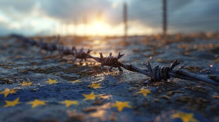 The European Union flag is shown with barbed wire in front of a sunset, conveying themes of confinement and the struggle for unity and freedom within the European community.