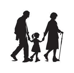 grandparents walking with granddaughter vector silhouette Illustration