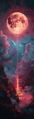 Naklejka premium Vibrant neon circle envelops lone cloud against dark sky, casting pink and orange glow, creating futuristic and dreamy scene.