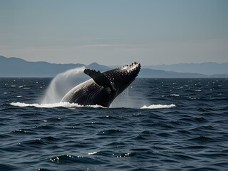 Fototapeta premium A whale leaps into the air, mouth open, defying gravity in a stunning and dreamlike display.