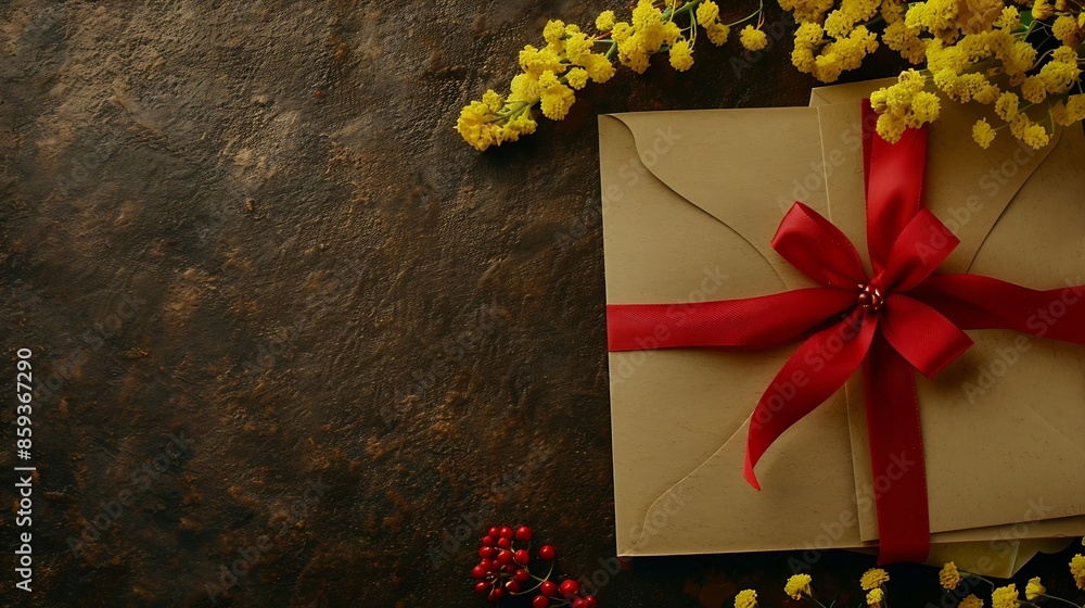 Poster romantic vintage background of blank card envelope yellow flowers and gift wrap with a red bow copy 