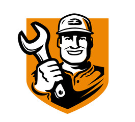 Mechanic with work tool, logo. Construction worker and wrench. Emblem, badge vector illustration