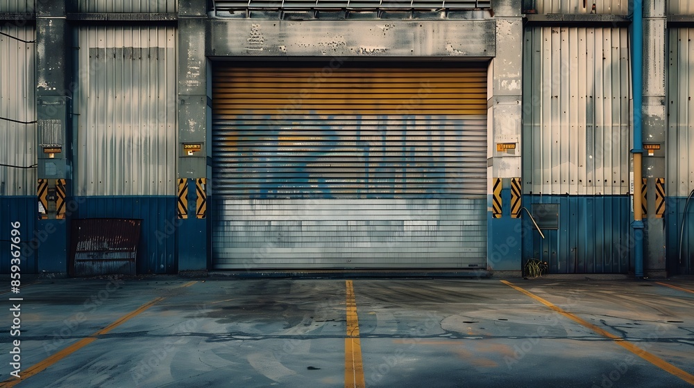 Poster closed metal grate rolling door of the warehouse storage or service garage view from in front of the