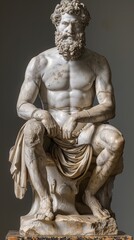 Intricately detailed ancient marble statue of seated man, depicting lifelike anatomy and flowing fabric.