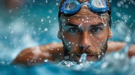 Fototapeta premium Captured in action, a swimmer dons goggles in an outdoor pool, flexing his muscles and scattering water droplets around, highlighting the activity and dynamic motion.