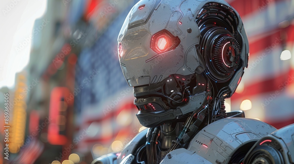 Poster a high-tech futuristic robot with glowing red eyes stands in front of a backdrop, possibly represent