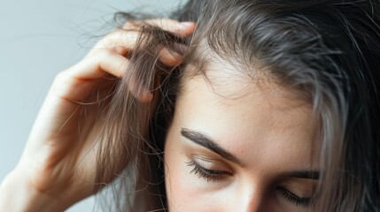 Obraz premium woman very sad and upset looking at damaged hair, hair loss, hair thinning problem, vitamin deficiency, baldness, postpartum, biotin, zinc, menstrual or endocrine disorders, hormonal imbalance