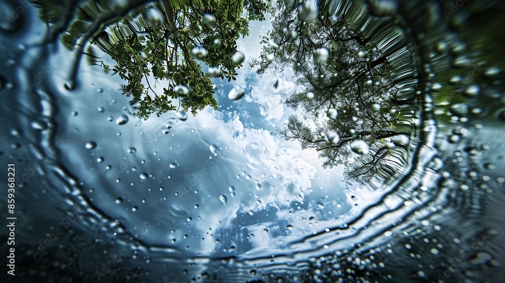 Poster view from under the water to the sky and rain drops fall on the surface of the water create water ci