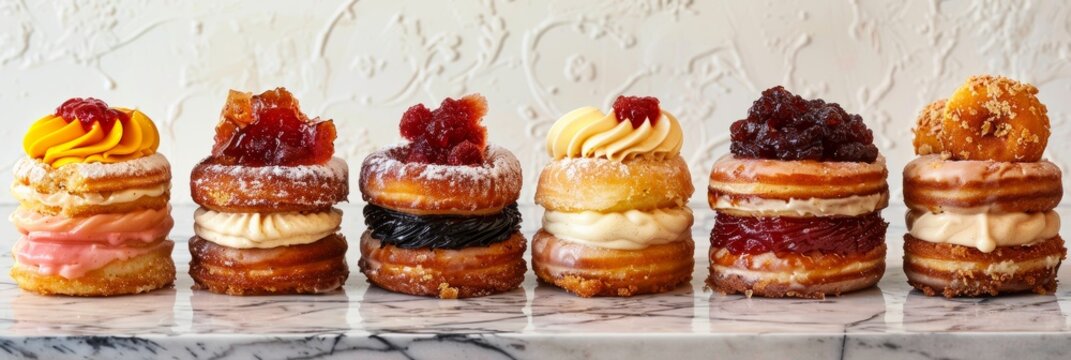Closeup of assorted cronuts filled with luscious creams and jams, displayed on a marble countertop, emphasizing their intricate details and deliciousness