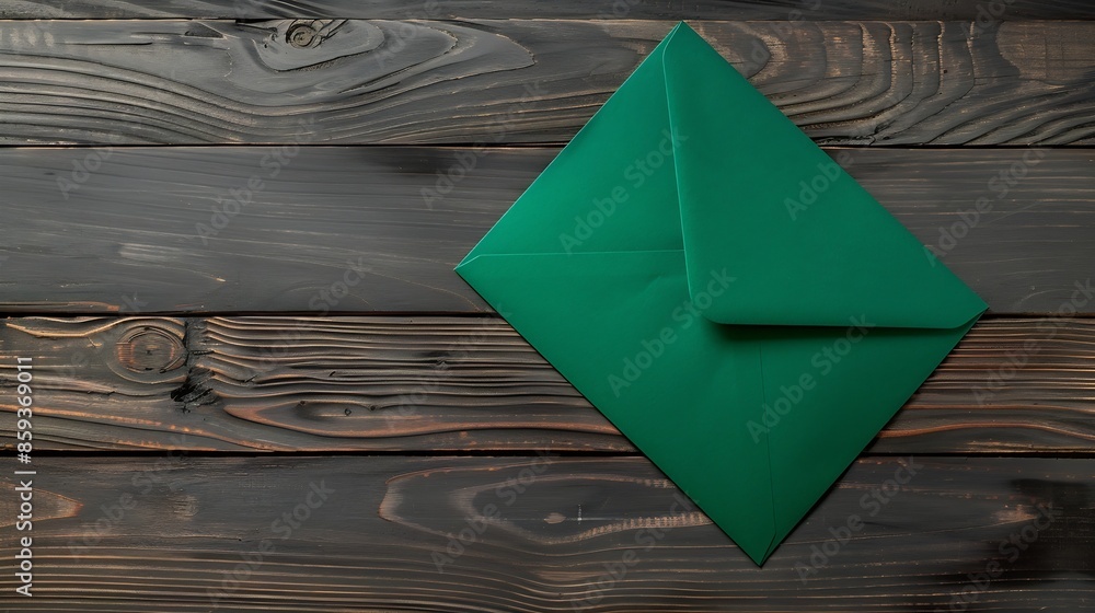Aufkleber Flat lay of closed sealed green emerald envelope on grey wooden table Correspondence mailing post office stationary invitation document greeting card Studio top view copy space mock up : Generative AI