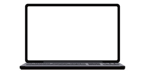 Open laptop blank screen isolated on white transparent, black color mobile device front view. 3d render