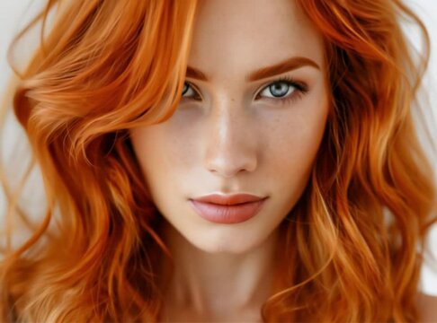 Portrait of a young woman with long, flowing red hair and stunning blue eyes. Her freckled skin and soft features create a captivating image of beauty