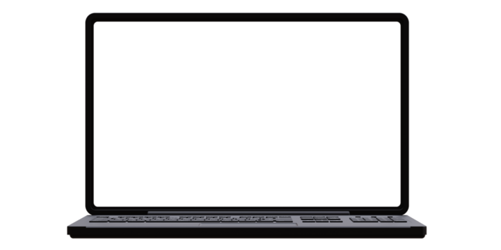 Open laptop blank screen isolated on white transparent, black color mobile device front view. 3d render