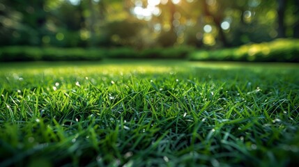 Naklejka premium A beautifully detailed close-up of fresh green grass with morning dew, illuminated by the morning sun, capturing the serene essence of a new day in nature.
