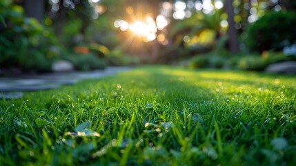 Naklejka premium Sunshine filters through trees, illuminating a lush green grass lawn and creating a serene and peaceful garden scene, capturing the essence of nature's beauty.