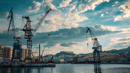 Obraz premium Industrial port cranes at the afternoon in Marseille France : Generative AI