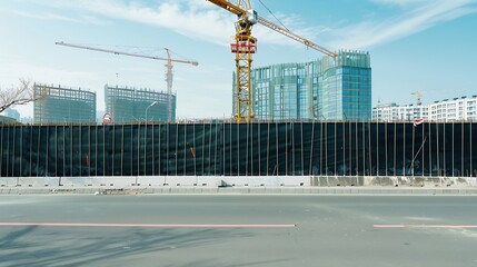 Fence consisting of plastic sheeting at the roadside outside the construction site Building under construction with tower crane above on behindroad in front Background for copy space : Generative AI