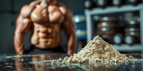 Ideal Creatine Powder Supplement for Muscle Growth with Bodybuilder in Background. Concept Fitness Supplements, Muscle Growth, Bodybuilding, Creatine Powder, Workout Nutrition