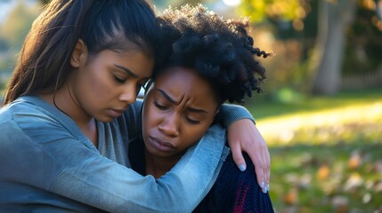 Young woman consoling and comforting upset and depressed African American female friend in park outdoors : Generative AI