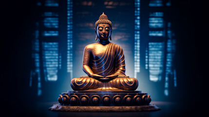 A statue of Buddha sits on a lotus flower in front of a mountain range.