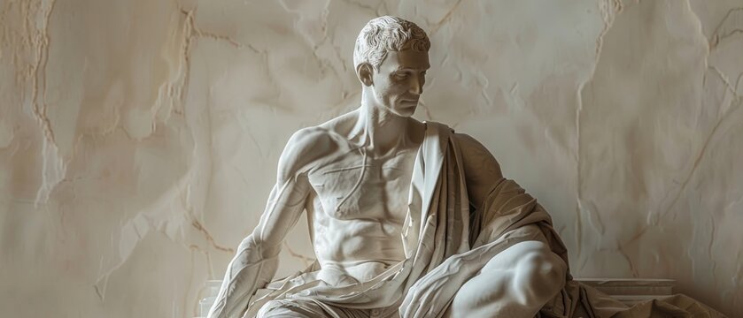 Marble statue of thoughtful man seated, detailed fabric and muscles.