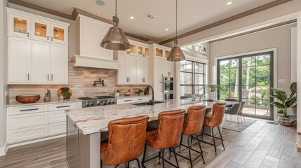 This image captures a modern kitchen featuring a large island with granite countertops, bar stools,...