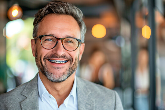 A smiling middle-aged man with gray hair and glasses, wearing a gray blazer and braces, standing indoors with a blurred background of people and lights.