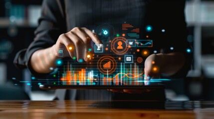 A business professional using a tablet with glowing, interactive icons and digital graphs, highlighting the integration of technology and innovation in business.