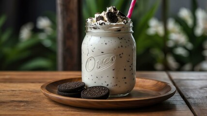 oreo milkshake served aesthetically in jar glass with wooden plate under and wooden table