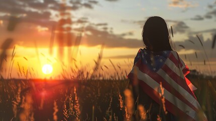 Girl Teenagers  wrapped in USA flag in field
