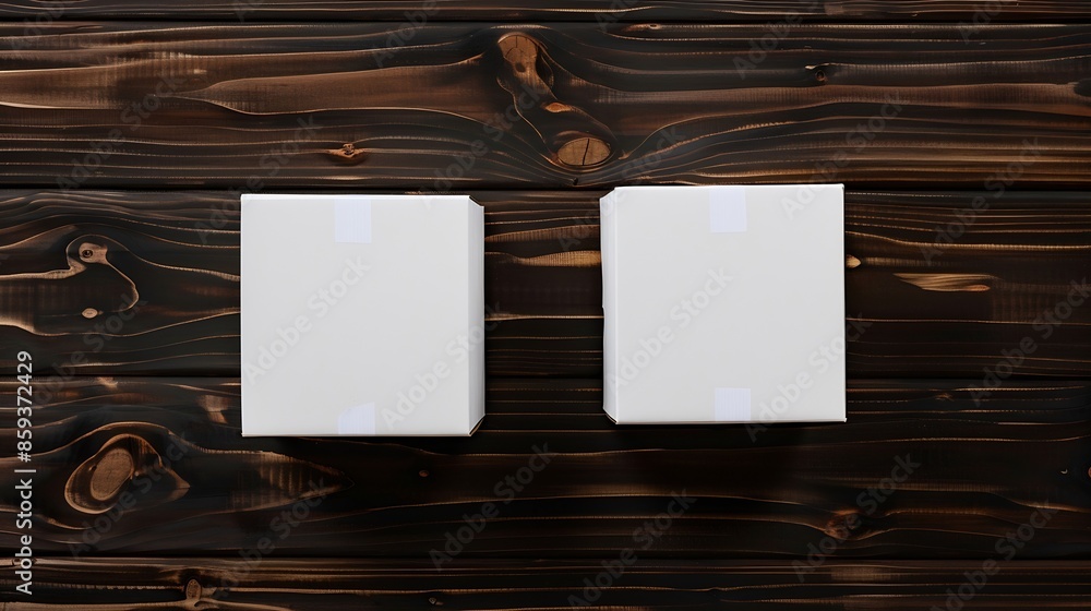 Poster two white carton boxes isolated on dark wooden background top view : generative ai