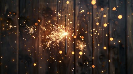 Glowing sparkler with rustic wooden flag