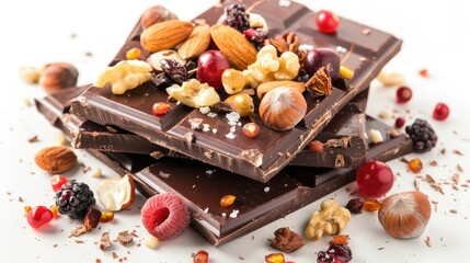 Dark chocolate with nuts and fruits on a white background, combining rich flavors with a visually appealing setup.