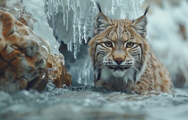 Fototapeta premium Brinicle forming under ice, Lynx exploring ocean floor.
