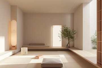 A minimalist living room with clean lines, neutral colors, and an uncluttered, open space.