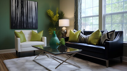 modern living room interior with green and black elements