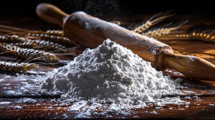 Close-up of a pile of flour with a rolling pin and wheat on a wooden surface, depicting baking essentials in a rustic setting.