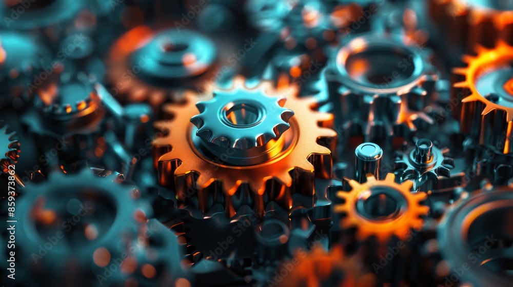 Poster a creative illustration of a streamlined, efficient workflow, with interconnected gears representing