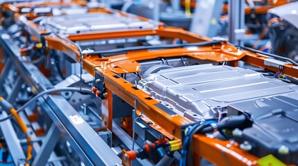 Fototapeta premium EV Production Line on Advanced Automated Smart Factory High Performance Electric Car Manufacturing Car Batteries being Attached to Electric Vehicles on Assembly line AGV Transport Batt : Generative AI